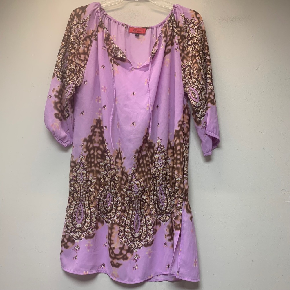Carina Tunic Top Womens Large Lavender Excellent Boho Paisley Tie Neck Chiffon